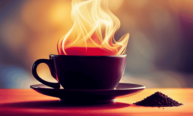 An image showcasing a steaming cup of Rooibos Red Tea against a backdrop of vibrant red and orange hues