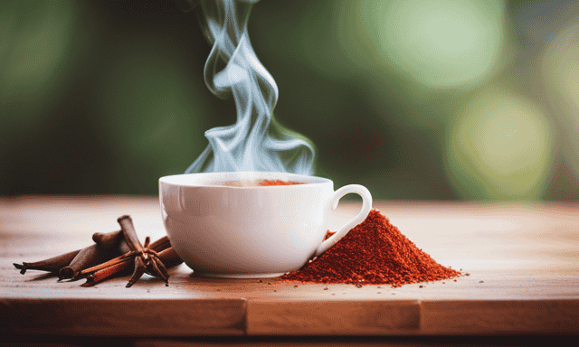 An image showcasing a serene cup of steaming Rooibos tea, surrounded by a vibrant assortment of fresh herbs and spices