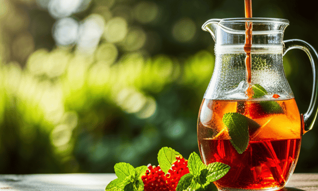 the essence of a refreshing summer day with an inviting glass pitcher, brimming with vivid red Rooibos tea