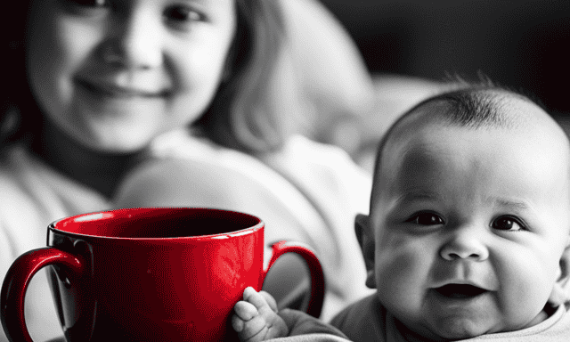 An image capturing a joyful, serene moment of a contented baby, peacefully cradled in their mother's arms, while a steaming cup of vibrant rooibos tea is delicately served beside them