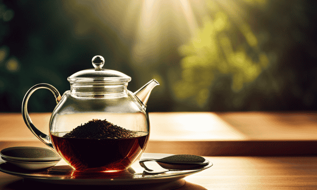 An image showcasing a serene scene with an elegant teapot filled with steaming rooibos tea leaves, surrounded by a timer set for the perfect steeping time, as rays of sunlight gently filter through a nearby window