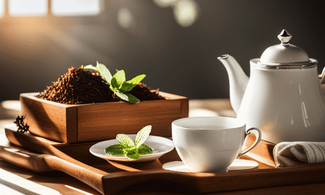 An image showcasing a serene morning scene with a wooden tray adorned with three delicate porcelain teacups filled with aromatic rooibos tea, accompanied by a dainty teapot, a sprig of fresh mint, and rays of sunlight streaming through a window