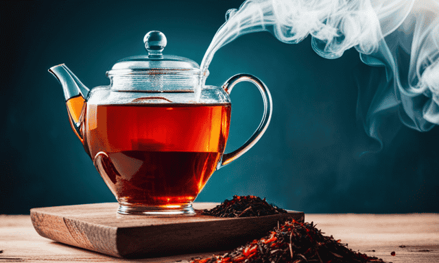 An image capturing the serene brewing process of Rooibos tea: A vibrant red teapot sits on a wooden table, steam gracefully rising from its spout, while delicate tea leaves steep in a glass teacup, infusing the scene with warmth and comfort