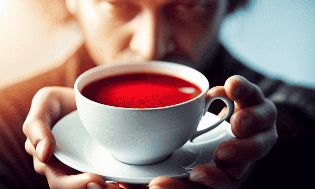 An image showcasing the serene ritual of enjoying Rooibos tea: a beautiful porcelain teacup, brimming with vibrant red infusion, gently held by a person's hands, sunlight streaming through a window illuminating the scene