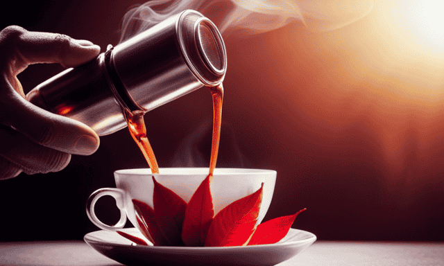 An image capturing the serene process of making Rooibos tea: A steaming teacup adorned with vibrant red leaves, as gentle hands pour hot water from a teapot, releasing a rich aroma that fills the air