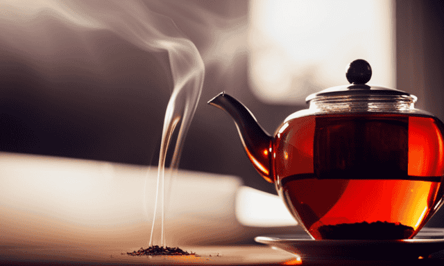 An image showcasing the art of preparing Rooibos tea: a vibrant red teapot pouring steaming water over loose Rooibos tea leaves, while a delicate timer counts down, capturing the essence of a perfect brew
