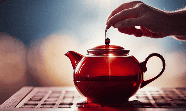 An image showcasing the delicate process of brewing Rooibos tea: a pair of hands cradling a vibrant red teapot, steam swirling gracefully into the air, as sunlight filters through a teacup revealing the rich, amber infusion