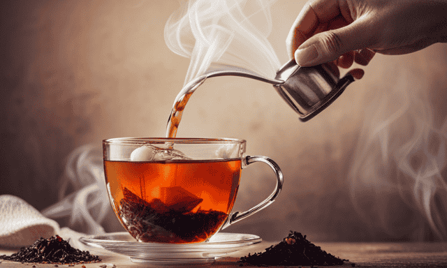 An image showcasing the step-by-step process of brewing loose Rooibos tea: a hand delicately placing tea leaves into a teapot, steam rising from a boiling kettle, a timer counting down, and finally, a cup of rich, amber-hued tea being poured into a delicate porcelain cup