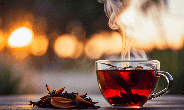 An image showcasing a steaming cup of vibrant red Rooibos tea, infused with the warm hues of a setting sun