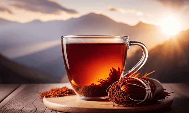 An image that showcases a warm, amber-hued cup of Rooibos tea nestled in a cozy, knitted mug, surrounded by vibrant, dried Rooibos leaves