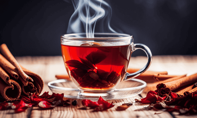 An image showcasing a steaming cup of vibrant red Rooibos tea, surrounded by delicate dried red rose petals, cinnamon sticks, and a drizzle of honey, evoking its naturally sweet and soothing qualities