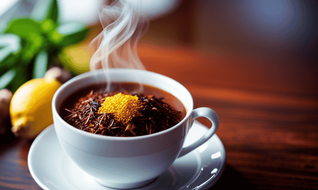 An image showcasing a steaming cup of soothing Rooibos tea, surrounded by a vibrant assortment of natural ingredients like ginger, lemon, and honey