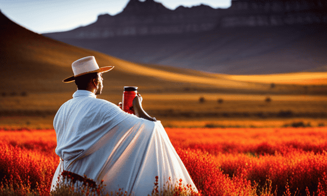 An image that captures the serene beauty of South Africa's Cederberg Mountains, showcasing a farmer carefully harvesting vibrant red Rooibos leaves, immersed in the breathtaking landscape that gifts the world with this beloved herbal tea