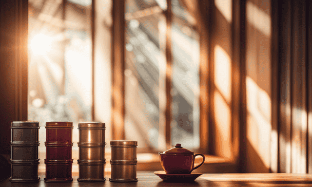 An image showcasing a cozy corner in a teahouse, with shelves filled with vibrant tins of Rooibos tea from around the world