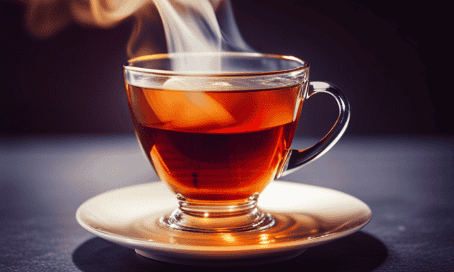 A vibrant image showcasing a steaming cup of rooibos tea, radiating a warm, reddish hue