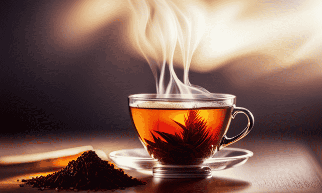 An image showcasing a steaming cup of rich, amber-colored rooibos tea, elegantly adorned with a sprig of dried rooibos leaves