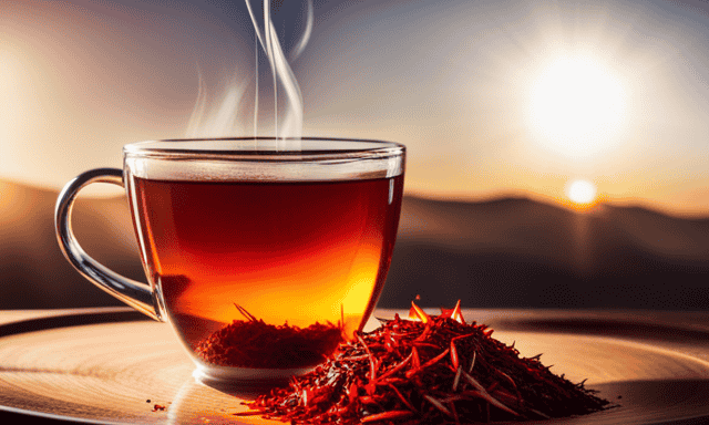 An image showcasing the rich amber color of freshly brewed rooibos tea, with delicate steam gently rising from the cup
