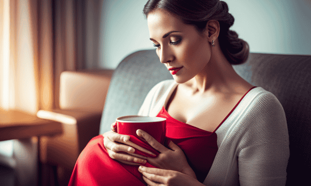 An image showing a serene, expectant mother gently cradling her baby bump, while enjoying a warm cup of soothing rooibos tea