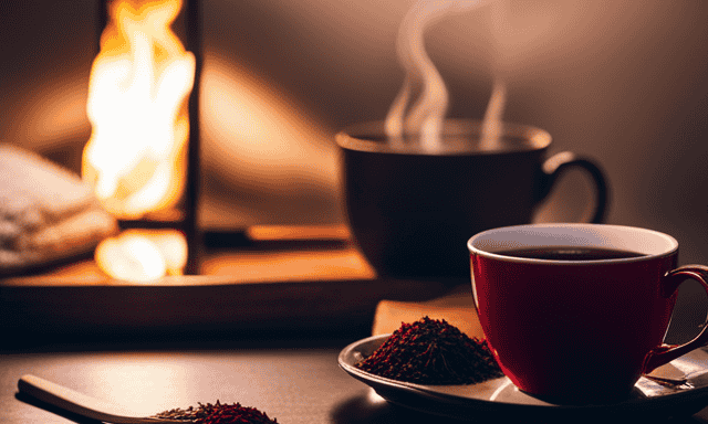 An image showing a cozy, dimly lit room with a steaming cup of vibrant red Rooibos tea placed on a wooden tray next to a warm blanket and a bowl of sliced lemons