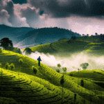An image capturing the serene beauty of Rwandan tea plantations, where lush green hills roll into the horizon