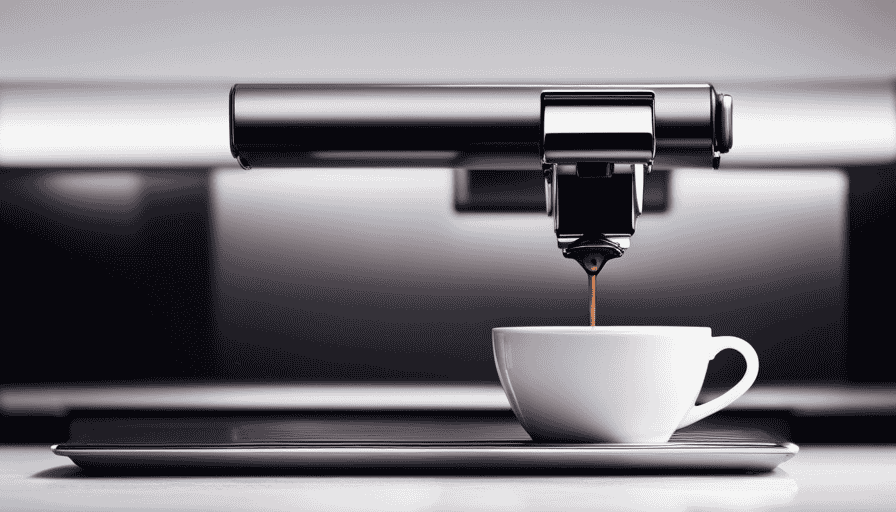 An image showcasing a sleek, stainless steel refurbished espresso machine with a gleaming portafilter, perfectly tamped coffee grounds, and a rich, velvety espresso flowing into a porcelain cup, capturing the essence of affordable luxury