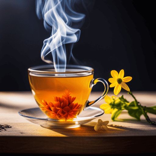 An image showcasing a serene cup of Senna Kancura herbal tea steeped to perfection, adorned with delicate steam rising from the warm golden liquid, inviting readers to explore where to purchase this enticing herbal tea in the USA