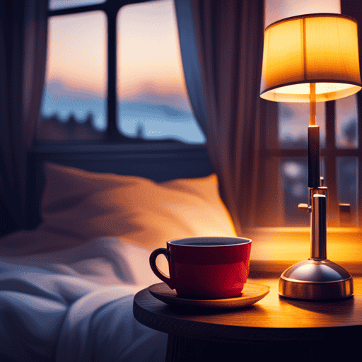 An image of a cozy bedroom at night, with a steaming cup of turmeric tea placed on a bedside table