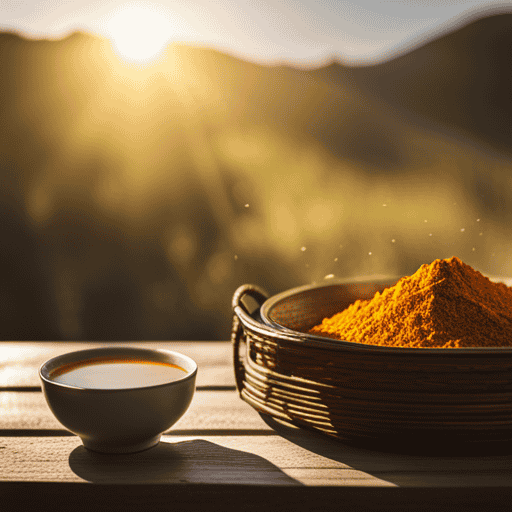An image of a serene morning scene with a cup of steaming turmeric tea placed on a sunlit wooden table surrounded by fresh turmeric roots, highlighting the potential health benefits of drinking turmeric tea on an empty stomach