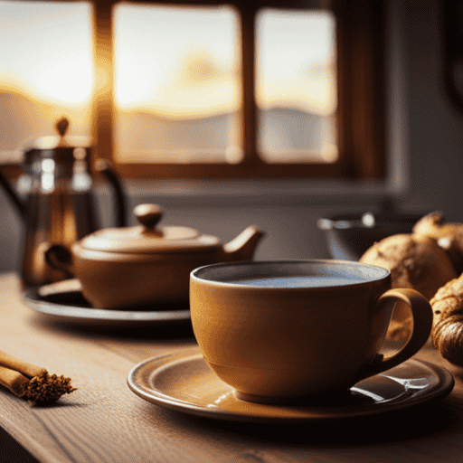 An image showcasing a cozy, rustic kitchen scene with a steaming cup of ginger turmeric tea placed alongside a beautifully arranged plate of food, highlighting both options: enjoying the tea before or after a meal