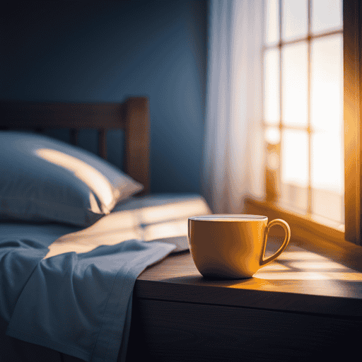 An image showcasing a serene bedroom scene with a ray of early morning sunlight streaming through a window, illuminating a cup of golden turmeric milk on a bedside table, inviting contemplation on the optimal time to consume it