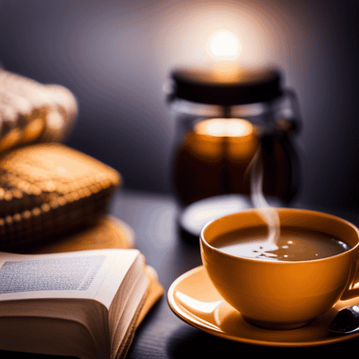An image showing a serene bedtime scene: a cup of warm, golden turmeric tea with steam rising, placed on a cozy nightstand next to a book and a dimly lit bedside lamp