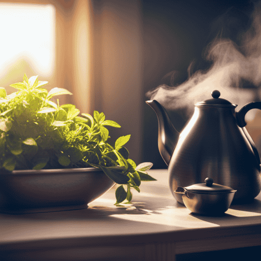 An image showcasing a Sim in the kitchen, surrounded by fresh herbs and a steaming teapot