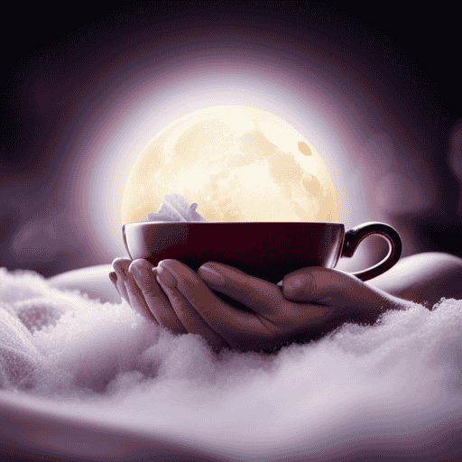 An image depicting a serene, moonlit scene with a glowing tea cup filled with Sleepytime Herbal Tea, cradled in the hands of a pregnant woman peacefully resting on a cloud-like pillow
