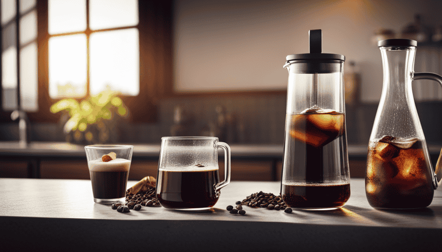 An image showcasing the Toddy T2n Cold Brew system in action: a sleek glass carafe, filled with rich, dark coffee concentrate, slowly dripping through a reusable filter into a tall glass with ice cubes, resulting in a perfectly smooth and refreshing cold brew