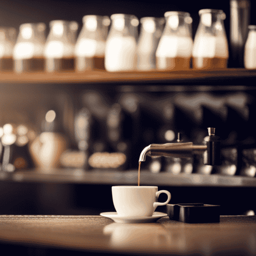 An image showcasing a cozy coffee shop scene in North Dakota, complete with a barista carefully pouring a steaming cup of perfectly roasted coffee, surrounded by shelves displaying a variety of specialty coffee beans from local roasters
