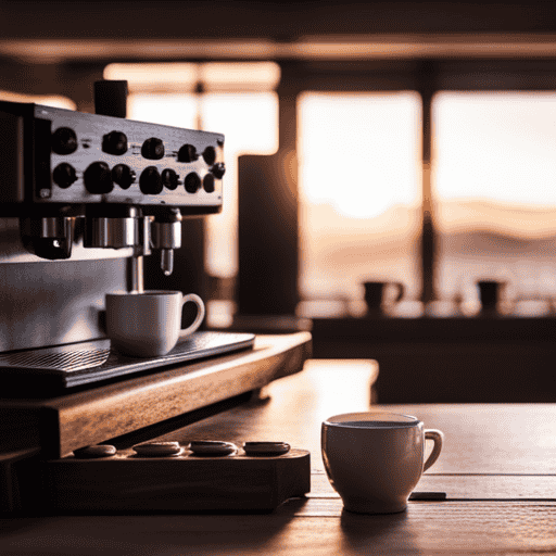 captivating image, showcase a rustic wooden counter adorned with an array of sleek, gleaming coffee machines and expertly crafted ceramic mugs, filled to the brim with steaming, aromatic brews