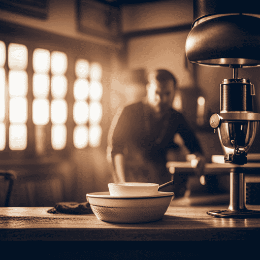 An image showcasing a rustic coffee shop interior in South Carolina, adorned with vintage coffee bean sacks, a gleaming espresso machine, and a passionate barista expertly pouring a latte art masterpiece