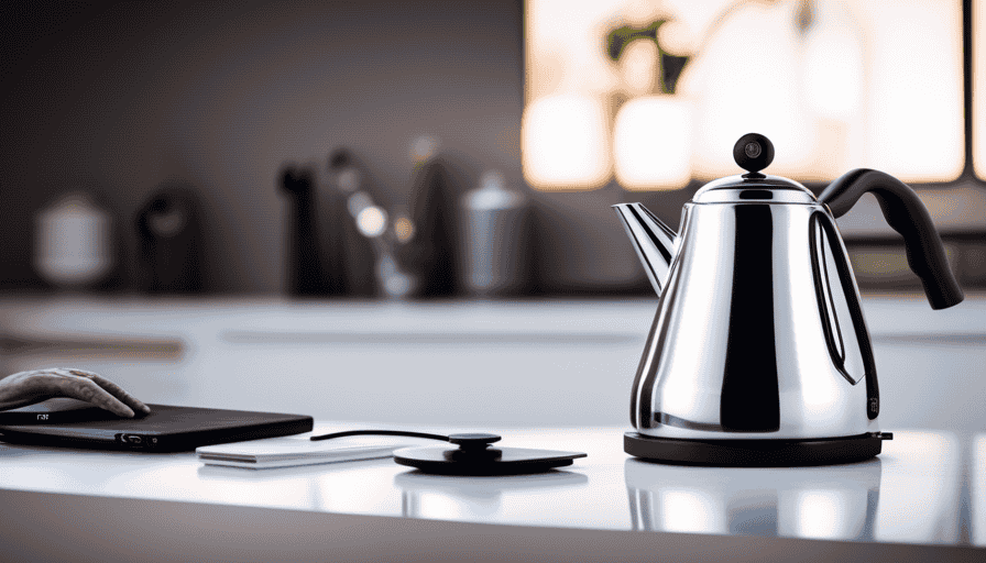 An image showcasing the sleek and elegant Stagg EKG Gooseneck Kettle: a polished stainless steel body with a precision pour spout, an ergonomic handle, and a minimalist LED display