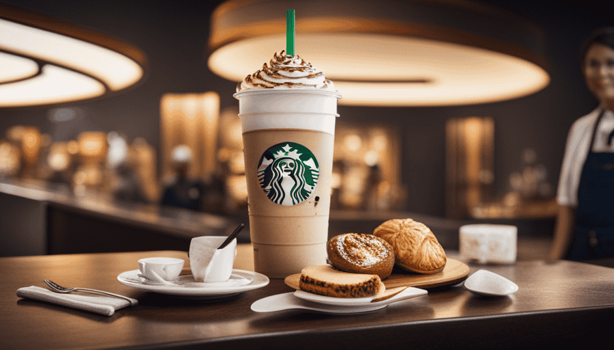 An image showcasing a vibrant Starbucks menu, displaying a rich assortment of lattes, cappuccinos, frappuccinos, teas, pastries, and breakfast items, beautifully arranged to highlight the variety and appeal of the popular chain's offerings