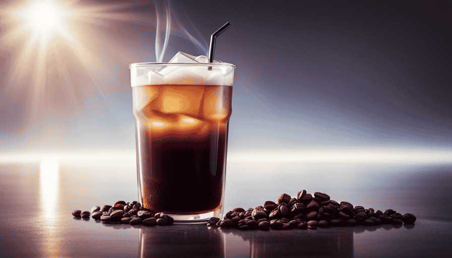 An image of a steaming glass of iced Americano, filled to the brim with dark, rich coffee