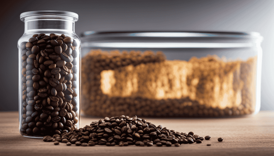 An image of a glass jar filled with freshly roasted coffee beans, tightly sealed with a vacuum-sealed lid