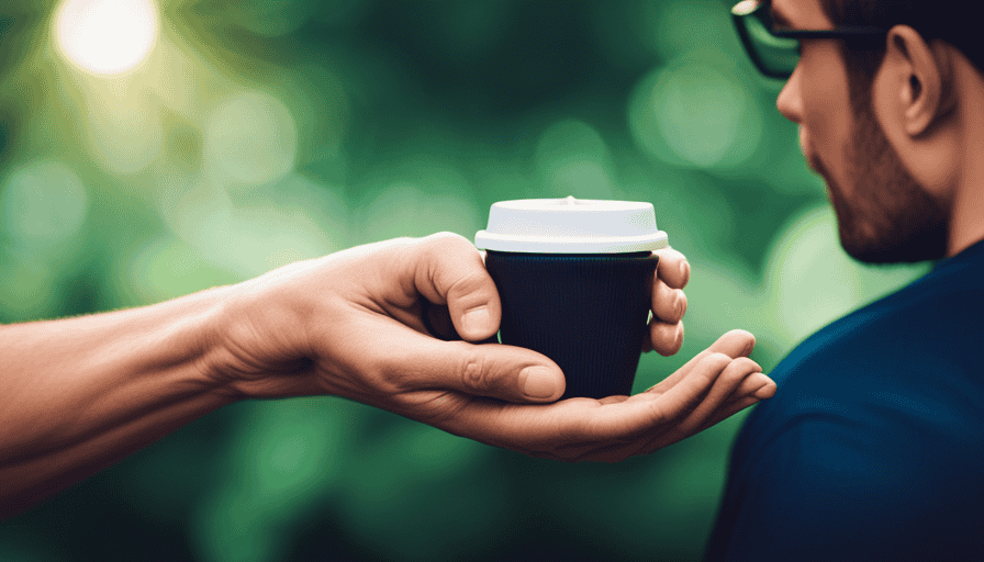 An image showcasing a fashionable hand holding a sleek KeepCup, filled with steaming, ethically-sourced coffee, against a backdrop of vibrant green plants, representing sustainability and style