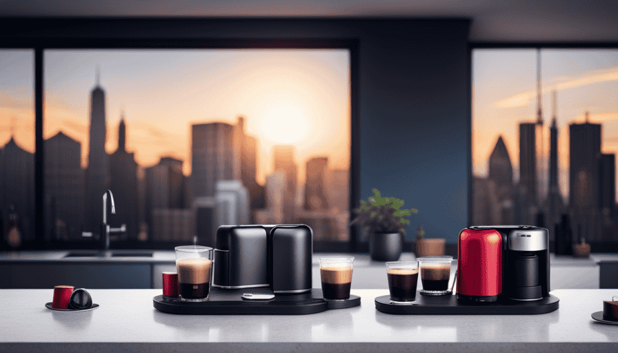 An image showcasing a sleek, modern kitchen counter adorned with three Swiss-made Nespresso machines in various vibrant colors, surrounded by a curated selection of coffee capsules neatly arranged in a stylish organizer