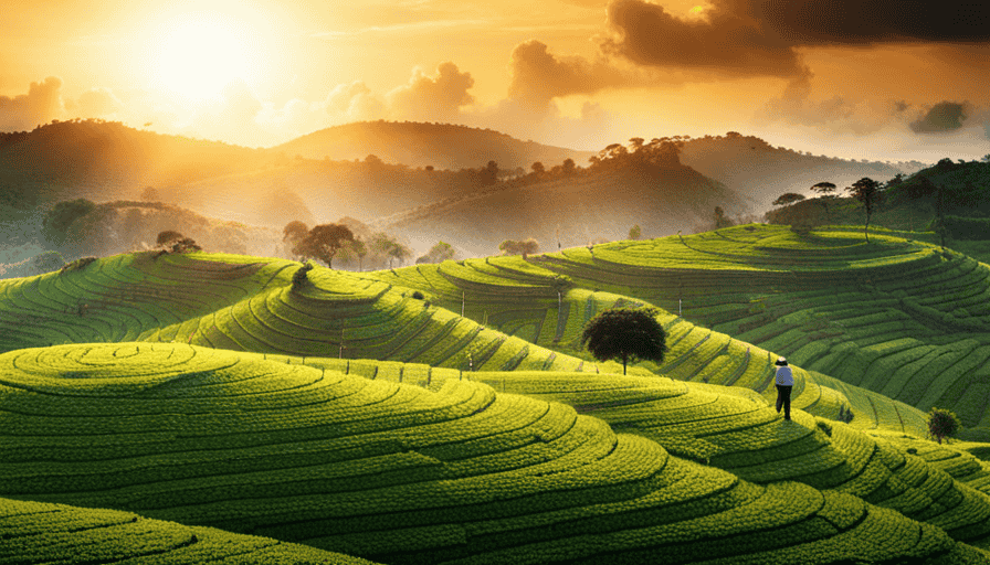 An image showcasing lush Tanzanian coffee plantations nestled amidst rolling green hills, with a sun-kissed dawn sky above