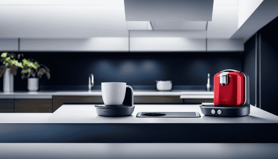 An image showcasing a sleek, modern kitchen countertop adorned with a Tassimo coffee pod brewing system