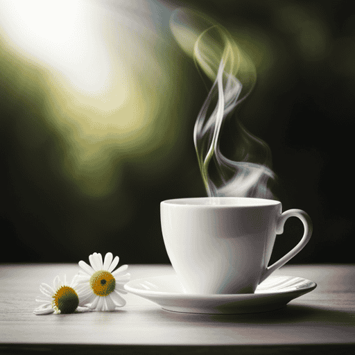 An image showcasing a serene setting with a steaming cup of Tazo Calm Chamomile Herbal Tea, surrounded by delicate chamomile flowers, inviting readers to experience a moment of tranquility and relaxation