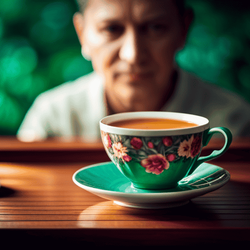 An image depicting a serene teacup filled with vibrant, antioxidant-rich green tea, surrounded by a lush garden of colorful tea leaves, blossoming with vitality and radiance