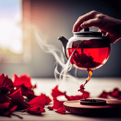 the essence of brewing fresh tea from red hibiscus flowers: a vibrant crimson infusion swirling in a transparent teapot, steam rising delicately, while dried petals and a wooden spoon rest nearby