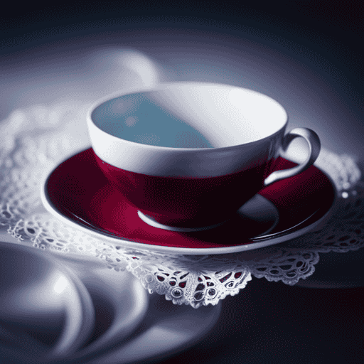 An image featuring a delicate porcelain teacup, brimming with rich, ruby-hued wine infused with fragrant tea leaves