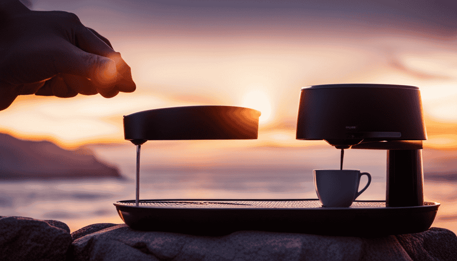 An image showcasing a picturesque outdoor setting with a mesmerizing sunrise, where a passionate coffee lover is seen effortlessly using an Aeropress to brew a delicious cup of coffee, embodying the convenience and portability of this remarkable coffee maker
